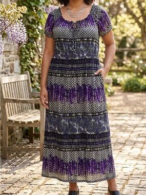 Faded Glory Women’s Purple & Black Patterned Maxi Dress – Size 3X